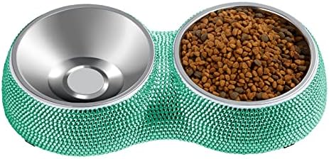 Dog Bowls Water and Food Bowls Stainless Steel with Non-Slip Resin Station and Bling Rhinestones, Pet Feeder Bowls for Puppy Medium Dogs Cats Puppy Pets (Green, Double)