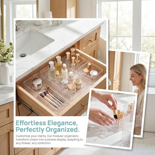 NUOBESTY 10pcs Plastic Drawer Organizer Trays in 4 Sizes Stackable Pet Storage Bins with Divider System and Raised Edges, Prevents Items Sliding, for Kitchen Gadgets, Nail Tools,