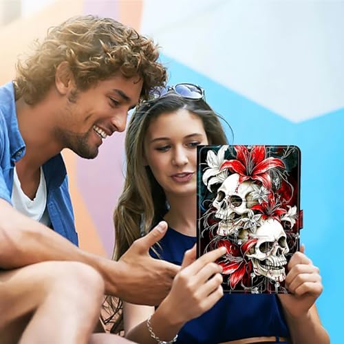 Universal Tablet Case for T-Mobile Revvl Tab 2 10.1" 2025/Revvl Tab 5G 10.36" 2023, 360 Degree Rotating Kickstand Protective Stand PU Leather Shell Cover for 9"-10.5", Red Lily Skull