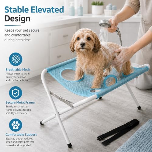 Foldable Pet Bathing Stand, Dog Bath Sling, Pet Hammock for Small Dogs (Blue) | Portable Dog Washing Hammock | Foldable Grooming Holder | Bathing Support for Small Dogs