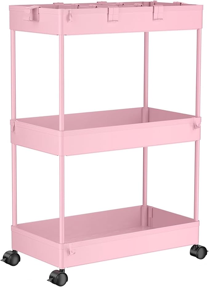 3 Tier Rolling Cart with Wheels, Storage Craft Art Trolley Organizer Serving, 3 Hanging Baskets Easy Assembly, for Office, Living Room, Kitchen, Pink