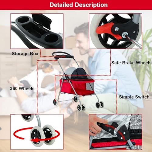 Stress Free Pet Stroller for Medium Small Dogs 4 Wheels Folding Portable Cat Dog with Cup Holders Removable Liner Easy to Carry(B)