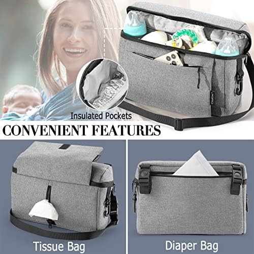 Universal Baby Stroller Organizer Large Space with Insulated Cup Holder Detachable Diaper Bag Adjustable Shoulder Strap Fits All Strollers (grey)