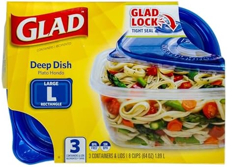 Glad GladWare Deep Dish Food Storage Containers, 64 Oz, 3 Count, 6-Pack | Lock-tight seal for soups, salads, and meal prep in a large rectangle format; microwave and dishwasher safe