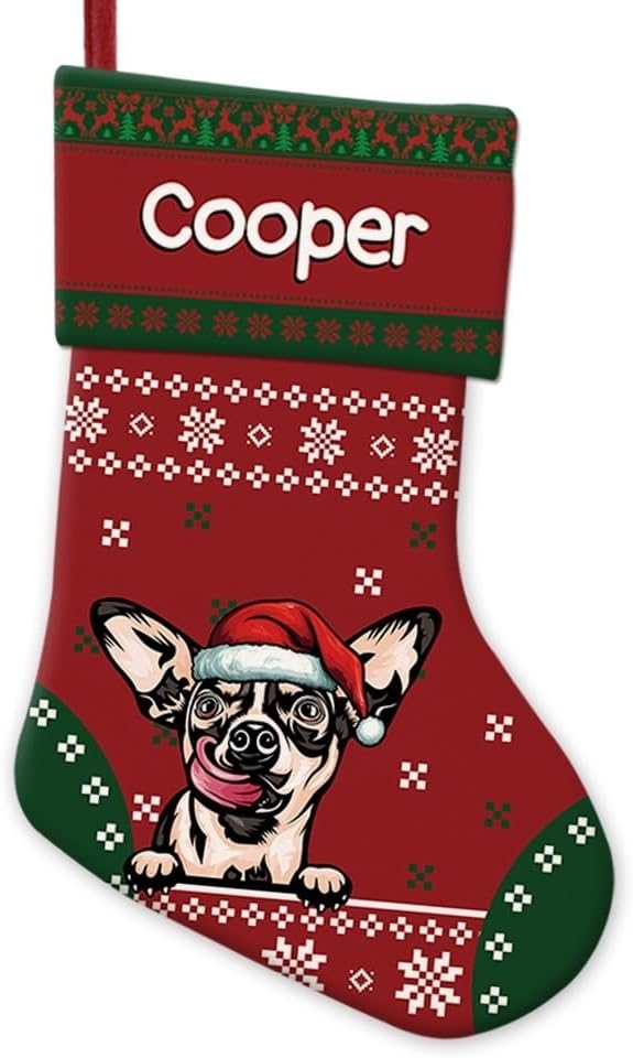 Personalized Christmas Stocking Happy Chihuahua Dog Red Christmas Snowflake Xmas Holiday Stocking Fireplace Home Decor 14"
