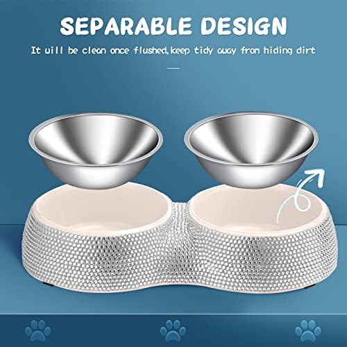 eing Dog Bowls Double Dog Water and Food Bowls Stainless Steel Bowls with Non-Slip Resin Station and Bling Rhinestones, Pet Feeder Bowls for Puppy Medium Dogs Cats Puppy Pets,White