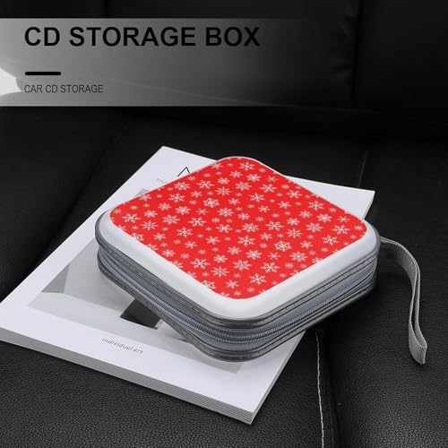 40-Capacity DVD CD Storage Wallet Red Snowflake Christmas, Heavy-Duty Hard Shell Binder, Portable Organizer with Strap for Car Travel