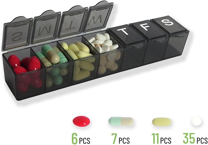 2 Pack Weekly (7-Day) Pill Organizer, 7 Days Pill Case Travel Daily Pill Box Portable Medicine Organizer and Planner with Compartment for Vitamins, Fish Oil, Supplements and Medication(Black&White)