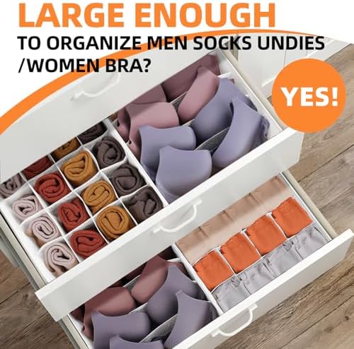 Criusia Drawer Organizer - 6 Set Clothes Organizer for Closet & Bedroom - 90 Cells Bins for Sock, Underwear, Bra, Baby Clothes - Washable & 10xDurable than Non-Woven Fabric (White)