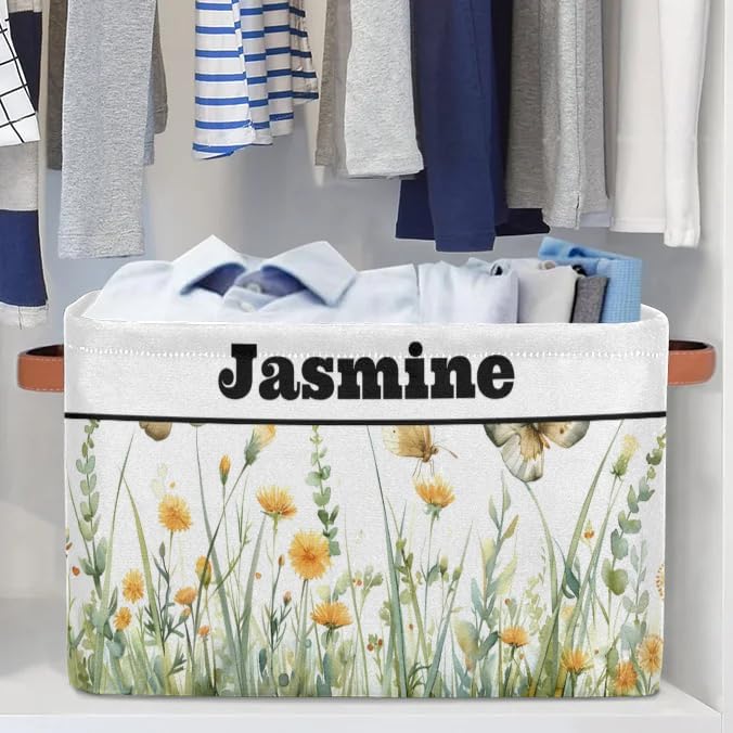 Personalized Foldable Spring Floral Storage Basket with Name for Boys, Laundry Hamper Dirty Clothes Pet Toys Storage Bin with Handles for Shelf Home Closet, Spring Wild Floral Butterfly Watercolor
