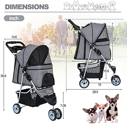 BestPet | 3-Wheel Foldable Pet Stroller | Grey | Lightweight & Portable | Travel Carrier with Mesh Windows, Storage Basket, Cup Holder, Safety Brakes, and Waterproof Fabric | For Small Dogs and Cats