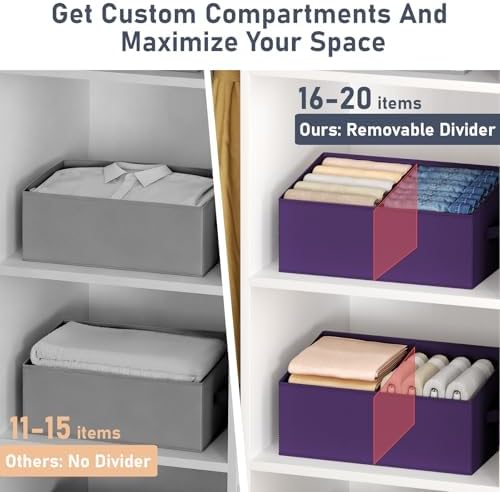 DIMJ Large Closet Shelf Organizer Bins 8 Packs with Handles and Divider, Fabric Trapezoid Storage Baskets, Foldable Clothes Containers Box for Shelf, Towel, Book, Toy, Purse, Hats, Purple