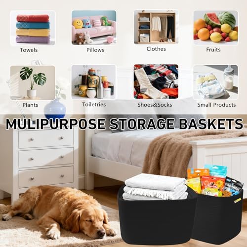 3 Pack Woven Baskets,Storage Baskets for Shelves with Handles | 13.5"×11"×9.5",Closet Baskets,Gift Basket,Nursery Organizer for Toys Towels Books,Storage Bin for Living Room Bedroom-Black