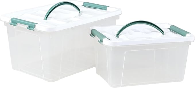 Clear Storage Latch Box/Bin, 2-Pack (14 QT & 7QT) | Plastic Organizing Container with Handle/Lids, Stackable Organizer Boxes for Closet, Pantry, and Craft Storage