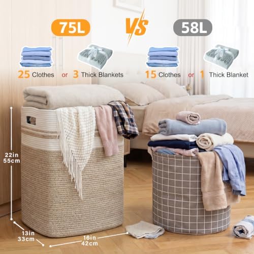 OIAHOMY Laundry Hamper-Laundry Basket,Tall Cotton Storage Basket with Handles,Decorative Blanket Basket for Living room,Collapsible Large Basket for Toys,Pillows,Clothes-16x13x22in-Yellow variegated