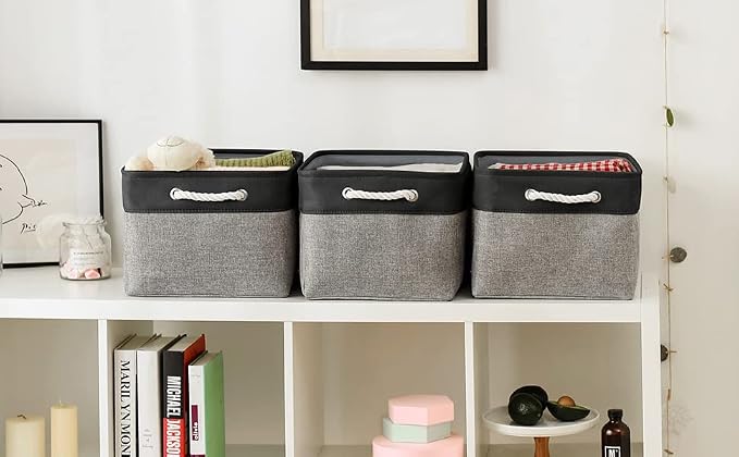 Organization and Storage Basket for Organizing - 17x14x10 inch Large 3 Pack Collapsible Storage Bin for Shelves, Fabric Basket for Gifts Empty Organizer Gift Closet (Black & Grey)