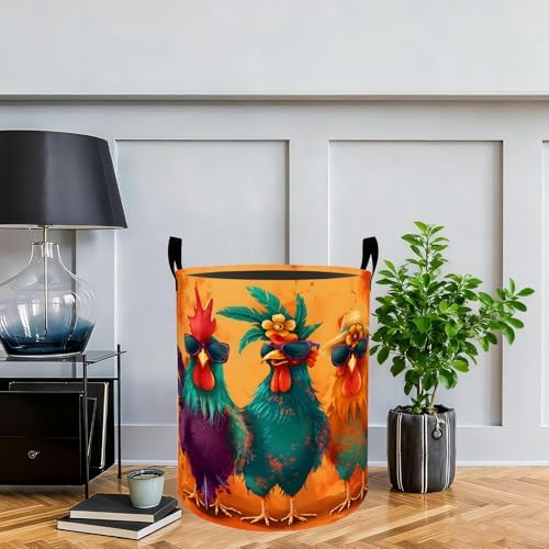 Funny Chicken Laundry Basket Hamper, Organizer Bins Gifts for Women Kids, Cool Rooster Farmhouse Foldable Waterproof Clothes Hamper Handles Storage Bucket for Bedroom Bathroom Room Decor 19.7"x15.7"