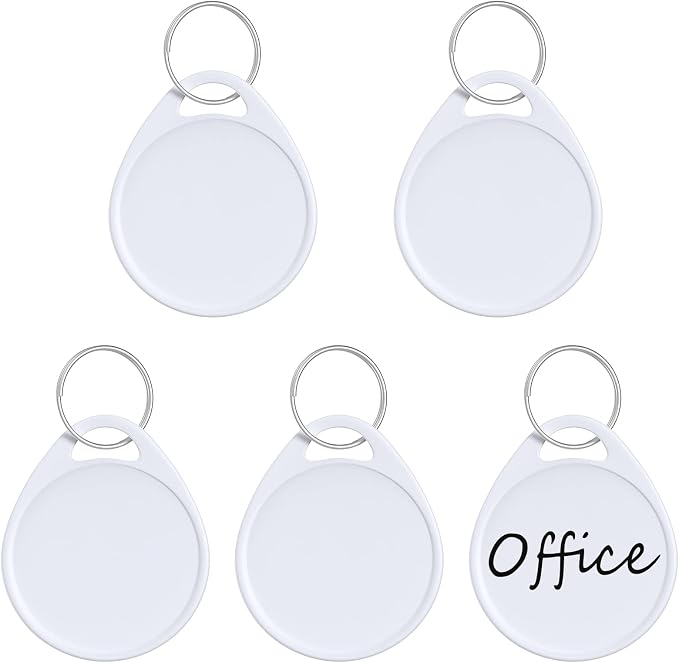 Uniclife 1.5 Inch Tough Plastic Key Tags Sturdy Round White Item Identifiers with Blank Paper Label Stickers and Split Rings, 100 Pack