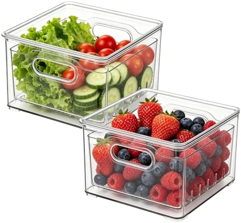 2 Pcs Transparent PET Fruit Draining, Washing Colander Food Storage Boxes, Plastic Cookie Containers, Refrigerator Organizers for Kitchen, Pantry, Vegetables, Fruits(2 Square)