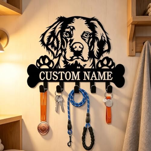 Custom Dog Collar Hooks, Brittany Spaniel Wall Art, Pet Leash Holder, Key Holder Wall Mount, Entryway Organizer, Mudroom Decor, Coat Rack, Hooks for Hanging, Hallway Rack, Doorway Decor