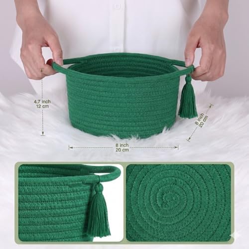 Small Gift Basket Empty to Fill with Gifts Bag & Ribbon, Green | Cute Decorative Mini Woven Rope Basket with Handles for Gifting; Reusable for Bathroom Counter or Desk Catchall, 8 x 4.7 in