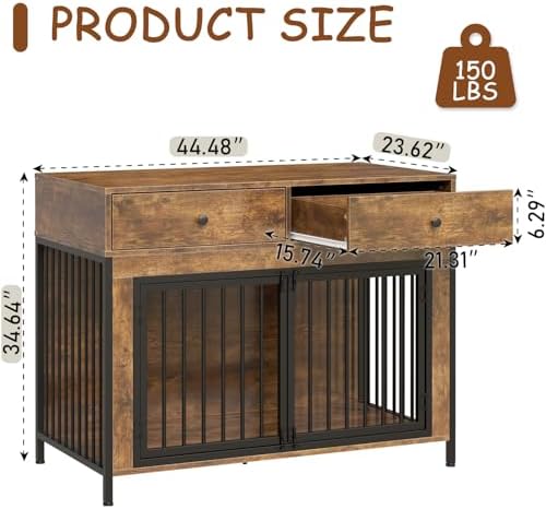 Large Dog Kennel Furniture with 2 Drawers, Wooden Dog Crate, Brown | 44 inch dog crate furniture with storage, decorate end table, dog cage for small medium large dogs