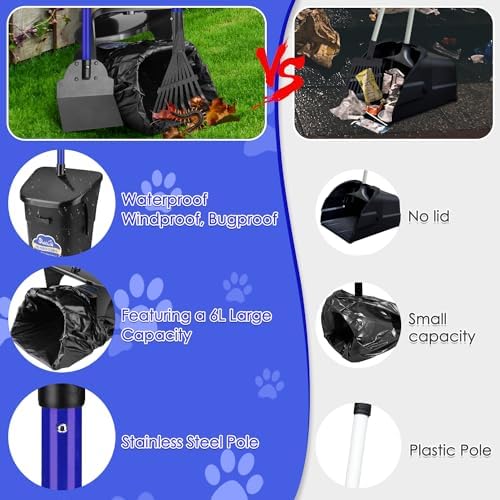 SlowTon Dog Pooper Scooper, 37.4" Long Handle Poop Scoop for Large Dogs | Adjustable, Portable, Non Breakable, with 20 Waste Bags, Swivel Extra Large Bin & Rake & Spade Kit, for Gravel Lawn Grass