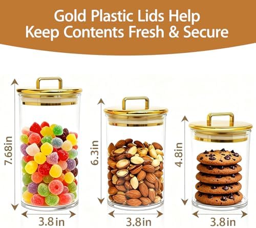 3-Pack Clear Acrylic Apothecary Jars with Gold Lids, Gold Candy Jar for Coffee Bar, Bathroom Vanity Canisters for Q-Tips, Cotton Balls & Small Treats