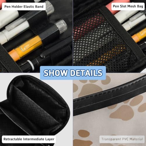 SUABO Pet Paw Pencil Case Large Pen Stationery Bag | Pencil Pouch Stationery Organizer with Compartments, Transparent PVC Layer, School Office Supplies for Kids Adults