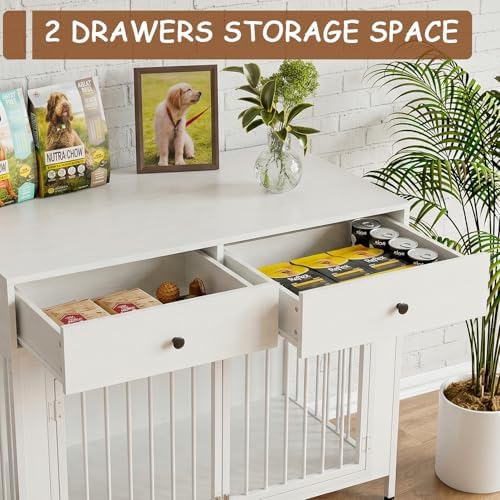 2 Pcs Large Dog Kennel Furniture with 2 Drawers, Wooden Dog Crate, White | 44 inch dog crate furniture with storage, decorate end table, dog cage for small medium large dogs