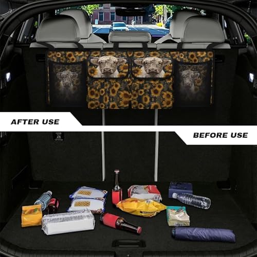 Highland Cow Sunflower Car Trunk Organizer Hanging Car Backseat Storage Bag Waterproof Collapsible Cargo Bag with 4 Pouches Trunk Storage and Decorative Accessories