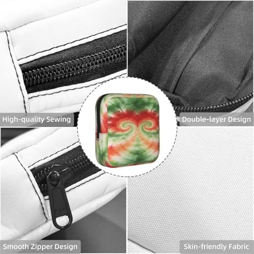 Cute Multifunctional Period Organizer Boho Red Green Double Heart Tie Dye, Polyester Tampon Holder with Zipper, Storage for Sanitary Pads Jewelry Keys