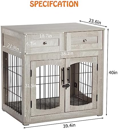 40'' Wooden Dog Crate Furniture, Farmhouse Dog Kennel Indoor Furniture Style Dogs Crate Table with 2 Drawers for Small, Medium & Large Dogs Grey