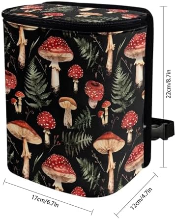 Car Accessories Back Seat Multipurpose Car Trash Can with Lid, Leak Proof Waterproof Hanging Car Garbage Can for Road Trip Travel, Mushroom Print