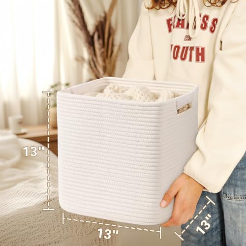 13 Inch Storage Cubes, 3 Pack Cube Storage Bins for Organizing, Cotton Rope Woven Baskets for Shelves, Bathroom, Kids Room, Closets, Baby Nursery