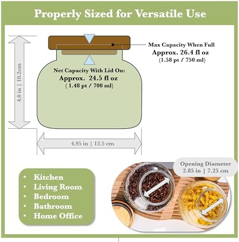 Decorative Green Glass Jars with Airtight Wooden Lids 2 pack, 25.4 fl. oz | Wide mouth vintage storage canister, kitchen pantry bathroom organization, coffee sugar tea cookie candy candle vase gift