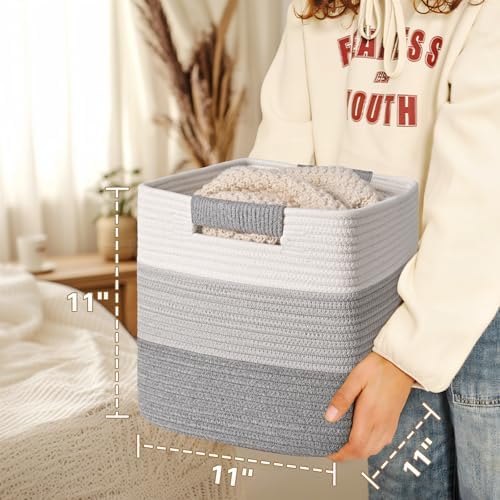 11 Inch Storage Cubes, 3 Pack Cube Storage Bins for Organizing, Cotton Rope Woven Baskets for Shelves, Bathroom, Kids Room, Closets, Baby Nursery