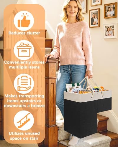 LHZ.K Stair Basket for Stairs, Staircase Basket for Carpeted & Wooden Stair | 16”L x 10”W x 16”H, Removable Bottom Board & Divider, Large Capacity for Laundry/Shoes/Blankets/Books/Toys/Tools