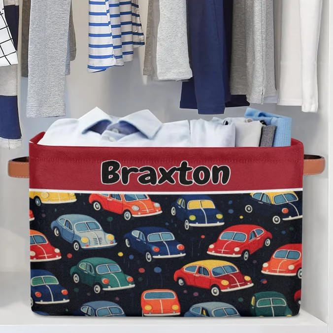Personalized Foldable Storage Basket with Name, Laundry Hamper Dirty Clothes Pet Toys Storage Bin with Handles for Shelf Home Closet Kitchen, Colorful Car Pattern