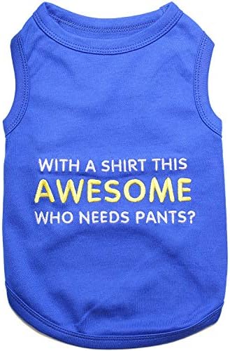 Parisian Pet Dog Tshirt - Embroidered “ Awesome “ Tank Top - Pure Cotton and Lightweight Dog Clothes - Blue Pet Vest - Sleeveless Tee Shirts for Small Dogs Boy