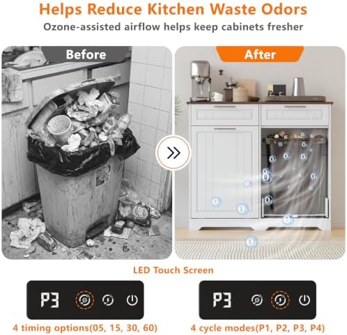 Double 10 Gallon Tilt Out Trash Can Cabinet with Deodorizing Function and Power Outlet, Wooden Hidden Garbage Can Holder with 2 Storage Drawers for Kitchen, Laundry Hamper Cabinet for Bathroom, White