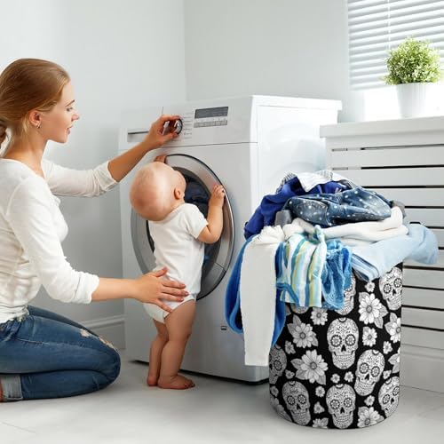 Collapsible Storage Hamper with Handles Floral Sugar Skulls Black, Waterproof Laundry Basket for Clothing, Toys, and Bathroom Use