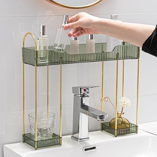 YCIA&DONE Bathroom Countertop Organizer Over The Faucet, Narrow Counter Organizers Above Sink, Table Mounted Faucet Sink Shelf for Kitchen, Toilet, Laundry(Vintage Green)