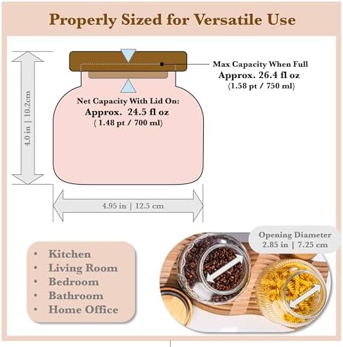 Decorative Pink Embossed Glass Jar with Airtight Wooden Lid, 25.4 fl. oz | Wide mouth vintage storage canister, kitchen pantry bathroom organization, coffee sugar tea cookie candy candle vase gift
