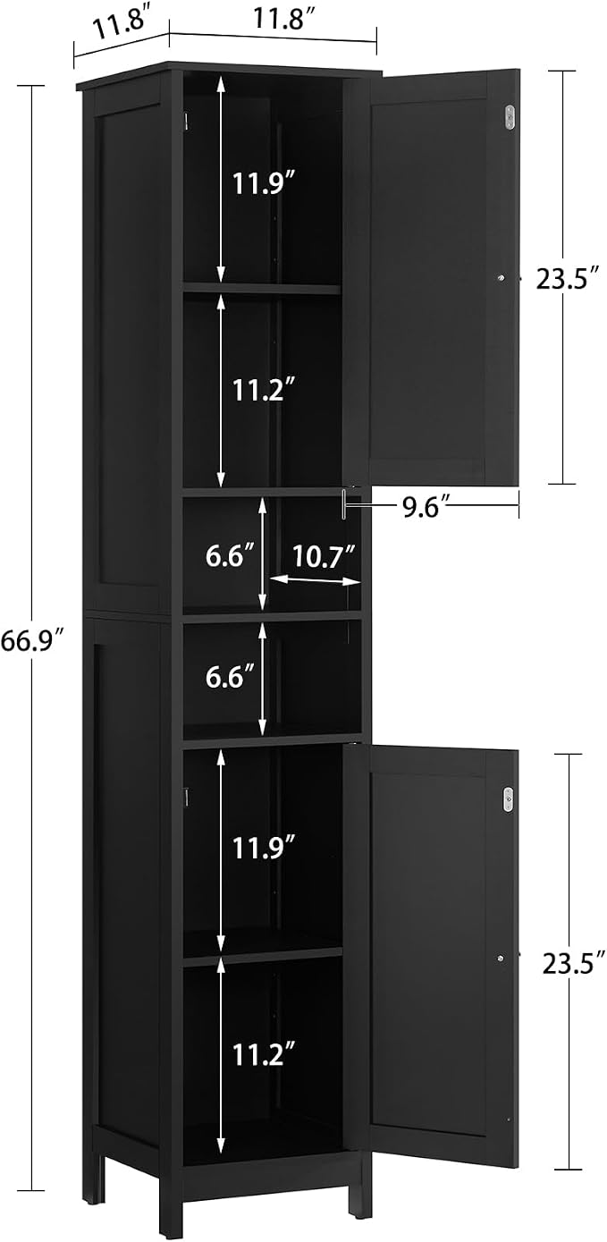 TEENFON 67" Tall Bathroom Cabinet with Adjustable Shelves and Doors | Narrow Bathroom Storage Cabinet for Small Space, Living Room, Entryway, Kitchen, Black