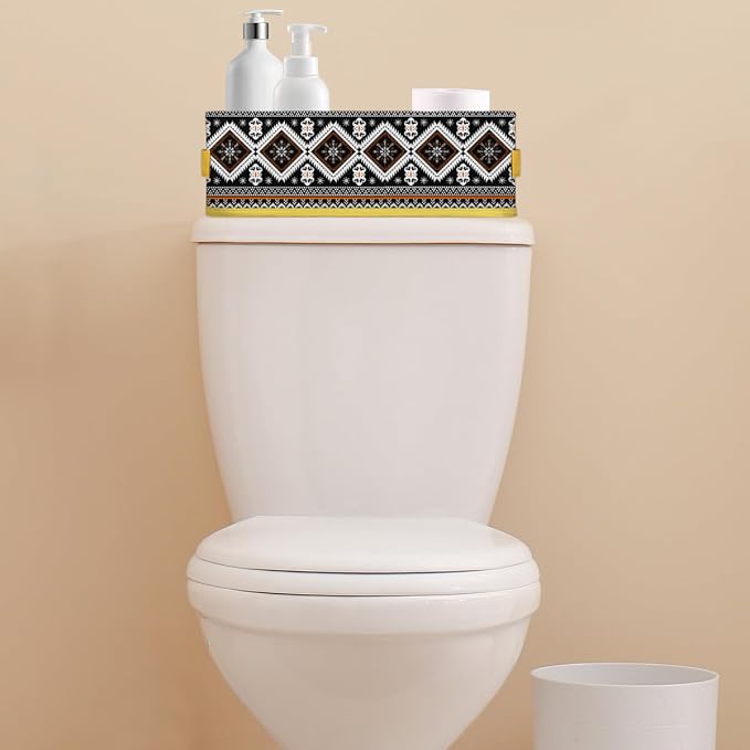 Vintage Ethnic Flower Pattern Bathroom Storage Basket, Foldable with Handle Open Countertop Paper Towel Decorative Box, Toilet Tank Top Shelf Baskets for Home Closet Bedroom Living Room Office