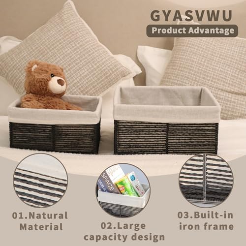 GYASVWU Hand-Woven Paper Rope Storage Baskets,Rectangular Wicker Baskets for Organizing,Decorative Woven Basket for Storage,Shelf Basket for Living Room,Storage Baskets for Pantry (Black - Large)