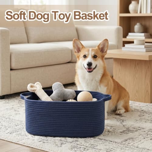 Large Blue Storage Basket, 16.5" x 12.5" x 7" Big Gift Basket Empty, Rectangular Woven Cotton Rope Bin with Handle for Gift, Kids Dog Toy Box, Baby Nursery Organizer, Navy Blue Home Decor