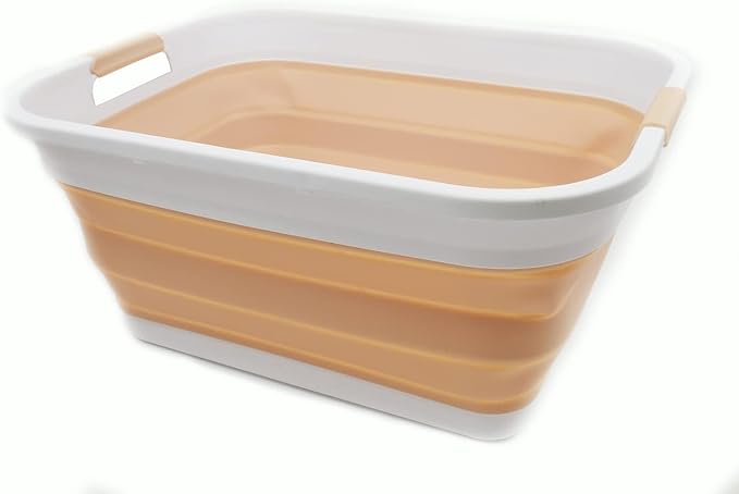 SAMMART 41L (10.8 gallon) Collapsible Plastic Laundry Basket - Foldable Pop Up Storage Container/Organizer - Portable Washing Tub - Water capacity: 32L (8.4 gallon) (Rectangular, White/Beige)