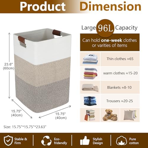 Laundry Hamper 96L Extra Large Laundry Basket, Woven Blanket Basket | Cotton Woven Storage Hamper with Handles for Living Room, Large Baskets for Pillows, Blankets, Clothes-Gradient Grey